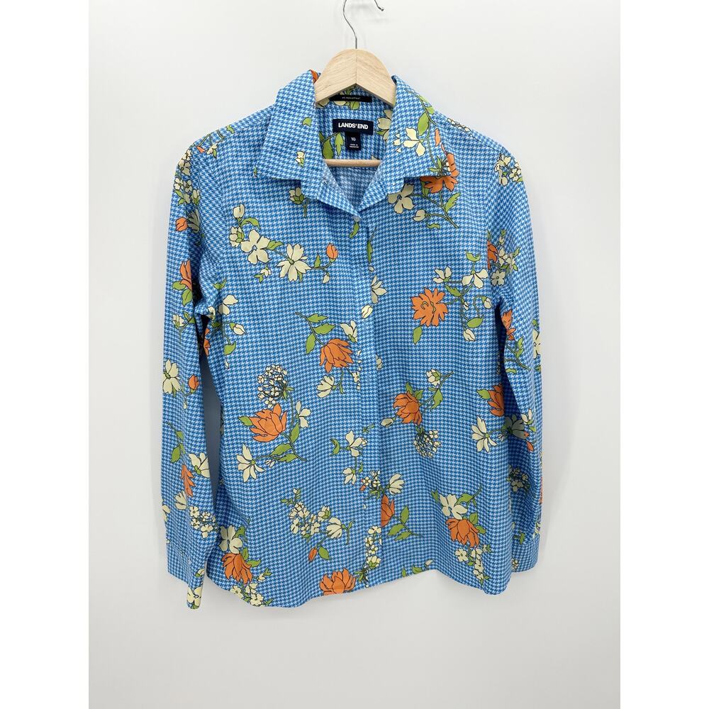Lands' End Blue Floral Houndstooth Button Down Shirt 10 No Iron Supima Cotton